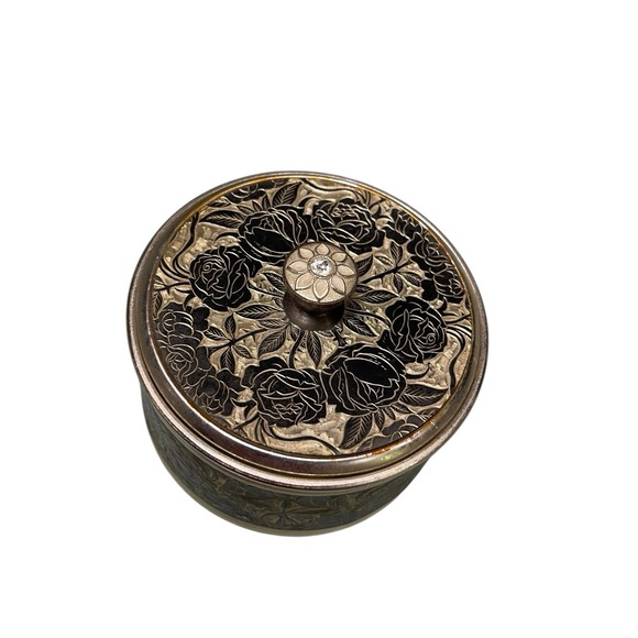 Vintage Trinket Music Powder Box Jewelry Case Musical Works Silver Engraved - Picture 1 of 11